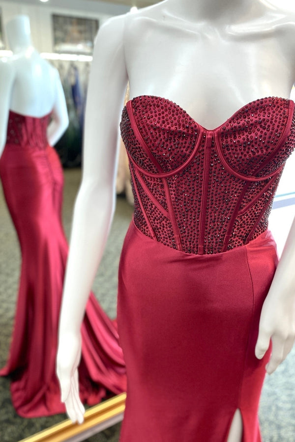 Burgundy Beaded Sweetheart Mermaid Long Formal Dress