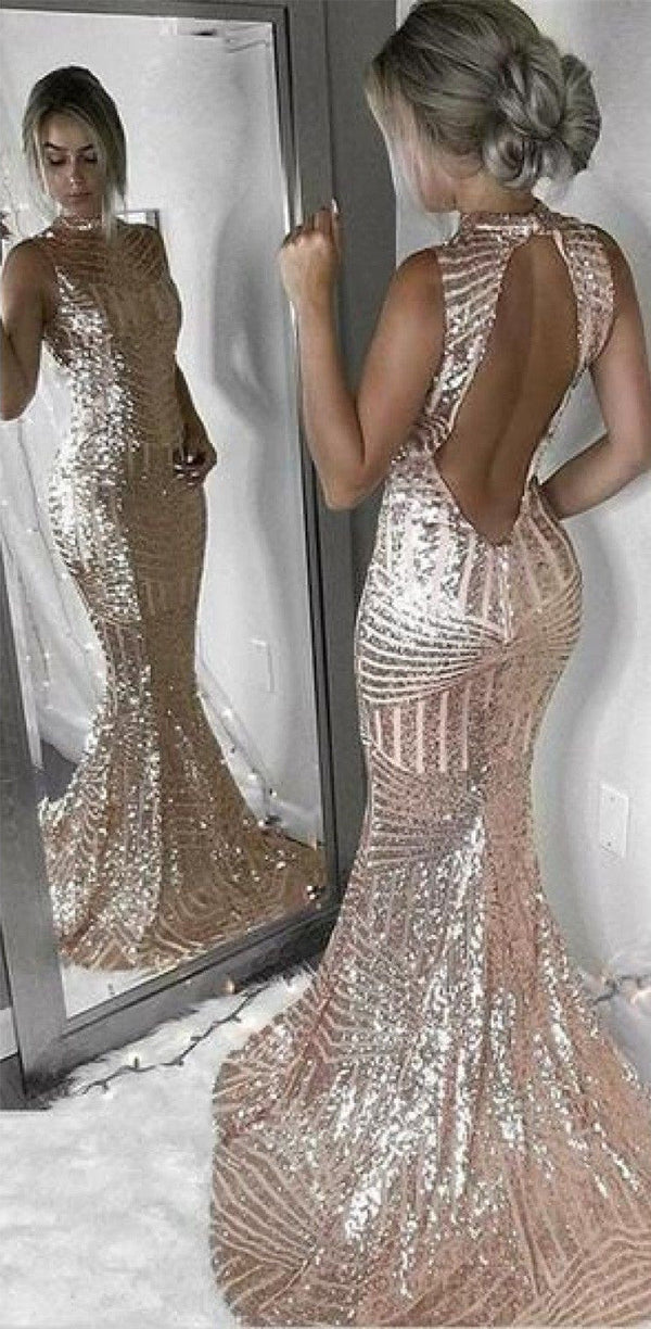 SSR0744,Rose gold mermaid prom dresses open back evening dress