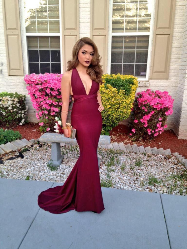 SSR0325,Sexy maroon deep v-neck prom dresses sleeveless mermaid long prom dress