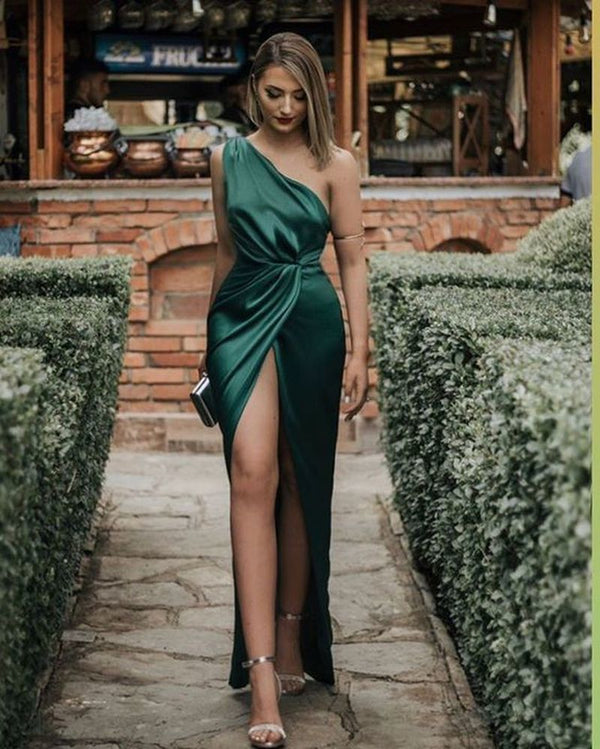 SSR0618,Green Sexy Prom Dresses One Shoulder Long Evening Formal Gown With High Split