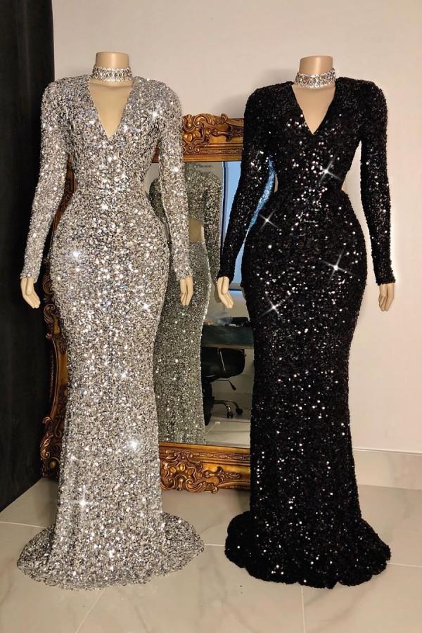 Long Sleeves Sequins Mermaid Evening Dress PD075