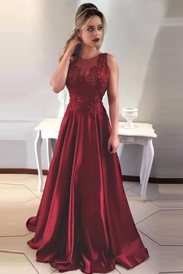 SSR0448,Burgundy lace satin prom dresses long a line v back evening prom dress