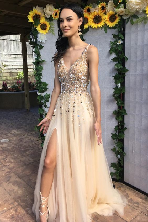 SSR1516,Sexy V neck Tulle Slit A Line Prom Dress, Beading Homecoming Dress