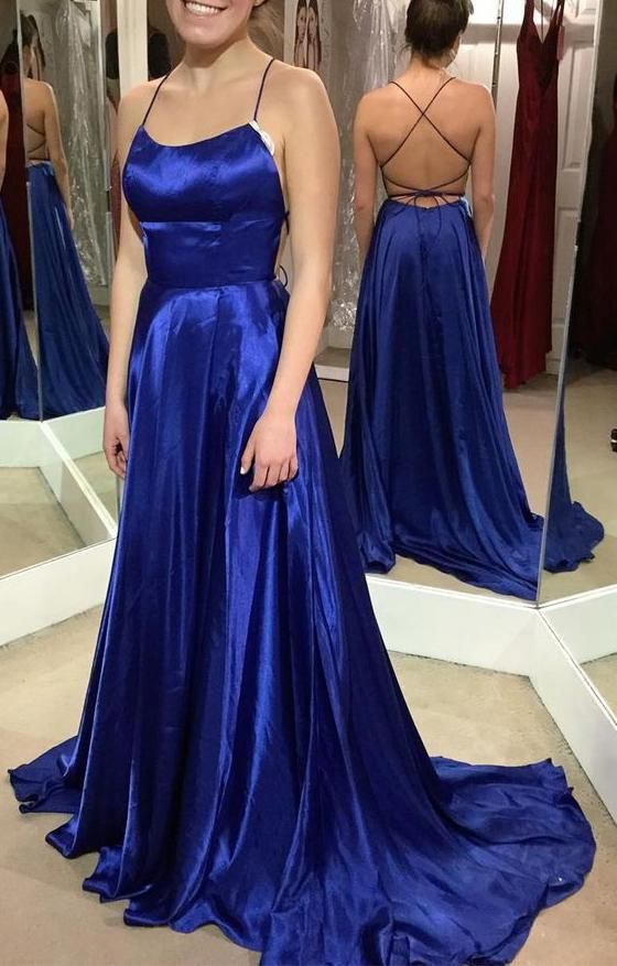 SSR0277,Cheap royal blue satin prom dress cross back long prom dresses with split
