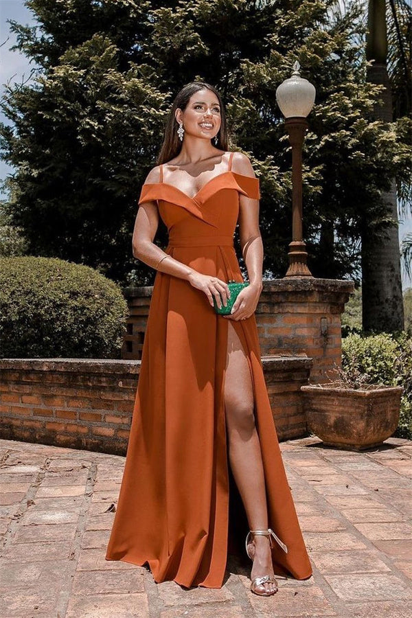 Burnt Orange Off-The-Shoulder Evening Dress Spaghetti-Straps Split Sweetheart Online ED0304