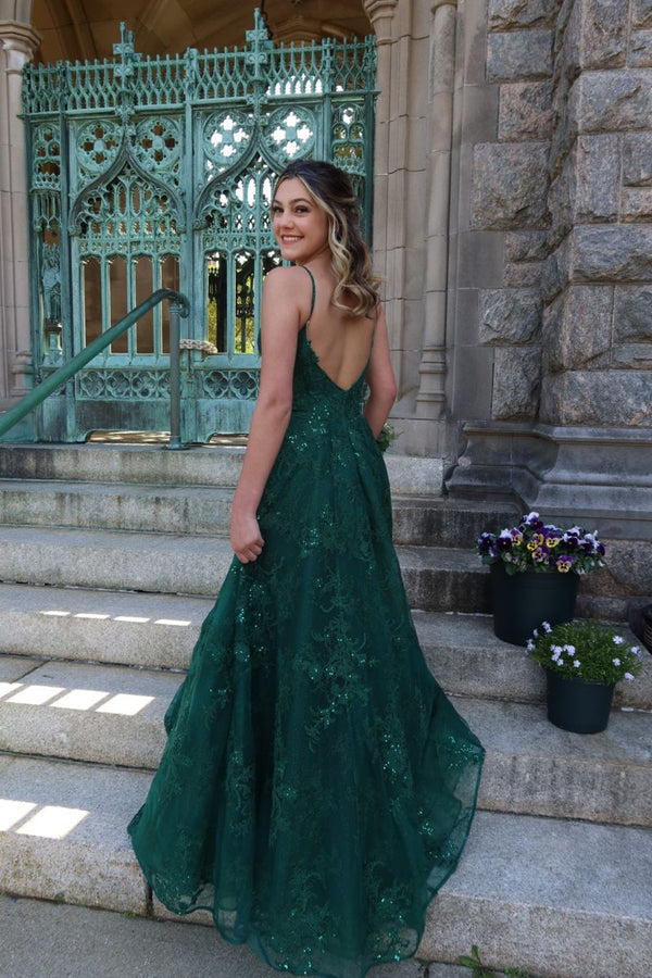 SSR1642,Emerald Green Prom Dresses,Lace Beaded Evening Dress,Open Back Party Gown