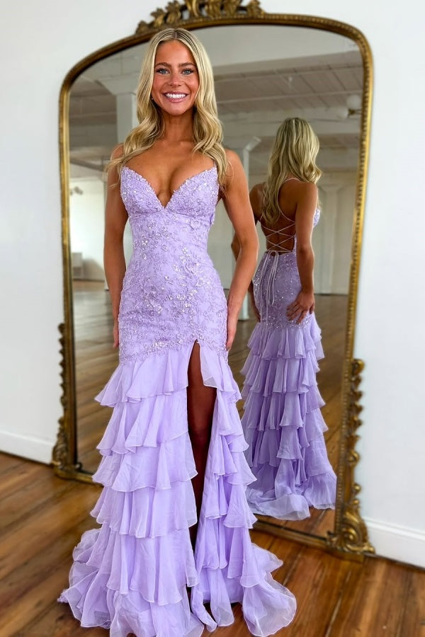 Light Purple Appliques Chiffon Ruffles Spaghetti-Straps Prom Dress ssr0480