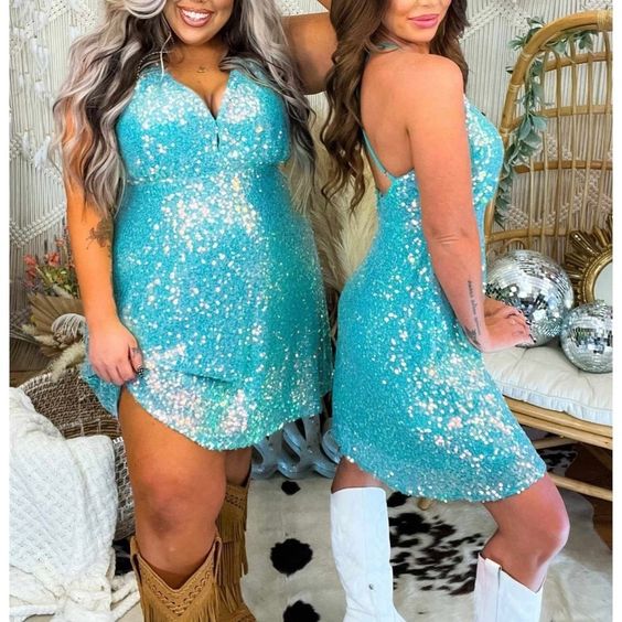 Blue Sequin A-Line Homecoming Dresses, SSR3161