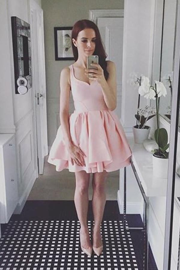 SSR1562,Light pink satin homecoming dresses,cute homecoming dress