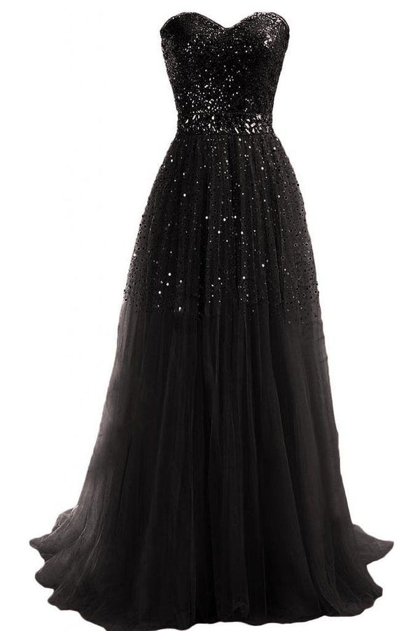SSR0378,Black sweetheart tulle ball gown long prom dresses sequin beaded evening party dresses