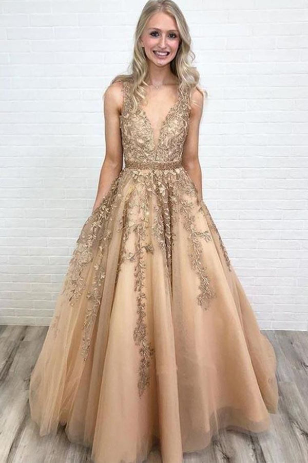 SSR0566,Deep V Neck Sleeveless Lace A Line Tulle Prom Dress