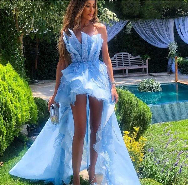 SSR0844,Blue Strapless A-line Organza High-low Backless Applqiue Prom Dresses