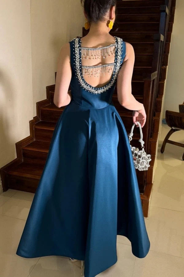 Ink Blue Beaded Square-Neck Split Prom Dress ssr0314