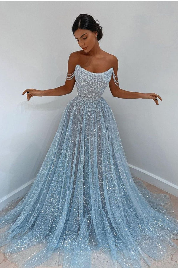 SSR0596,Blue tulle long prom dress blue tulle evening dress sparkle prom dresses