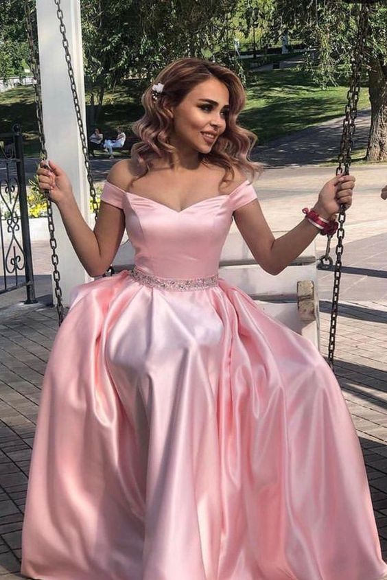 SSR1041,Off the shoulder prom dress,pink prom dresses,beaded evening dress