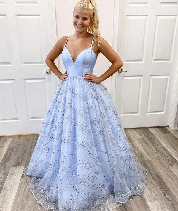 SSR1033,Charming Tulle V neck Blue Starry Sequin Prom Dress, Long A-Line Evening Dress