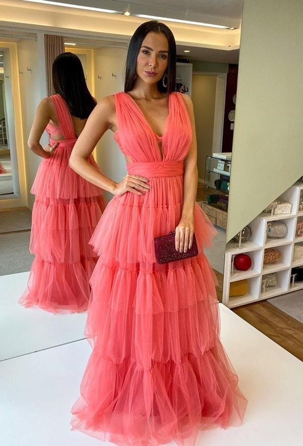 SSR0590,Sexy Prom Dress Tulle Prom Dresses Coral Pink Long Prom Dress Evening Dresses