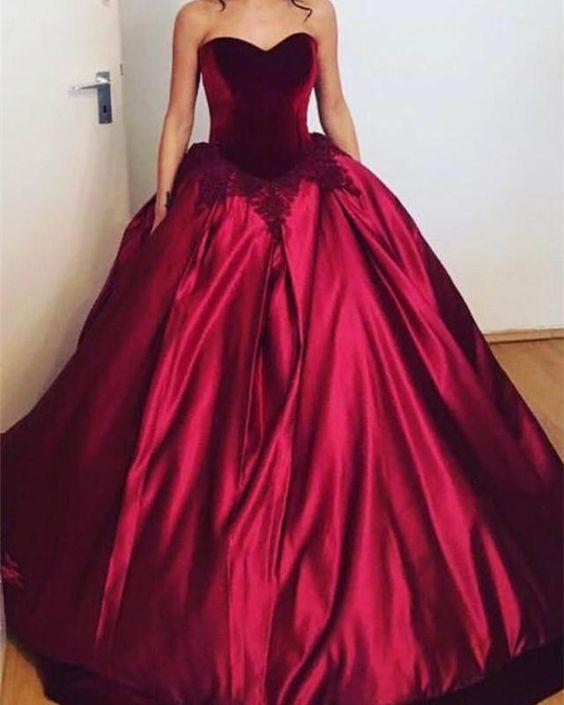 SSR0941,Burgundy Velvet Sweetheart Satin Ball Gown Prom Dresses