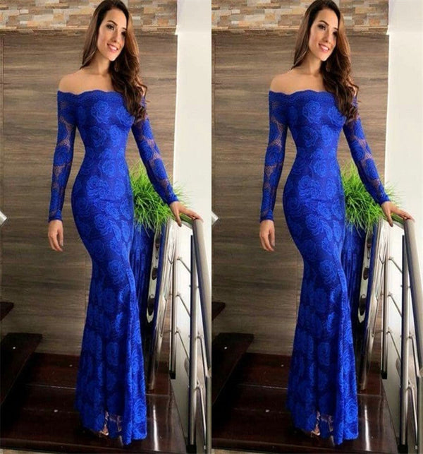 SSR0615,Royal blue lace mermaid prom dress,off the shoulder lace prom dress