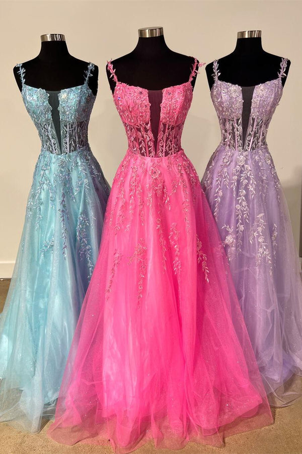 Sheer Appliques A-line Long Formal Dress