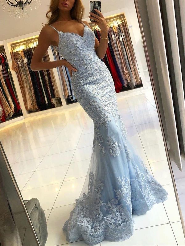 SSR0034,Chic Mermaid Spaghetti Straps Lace Long Prom Dresses Sky Blue Evening Dress