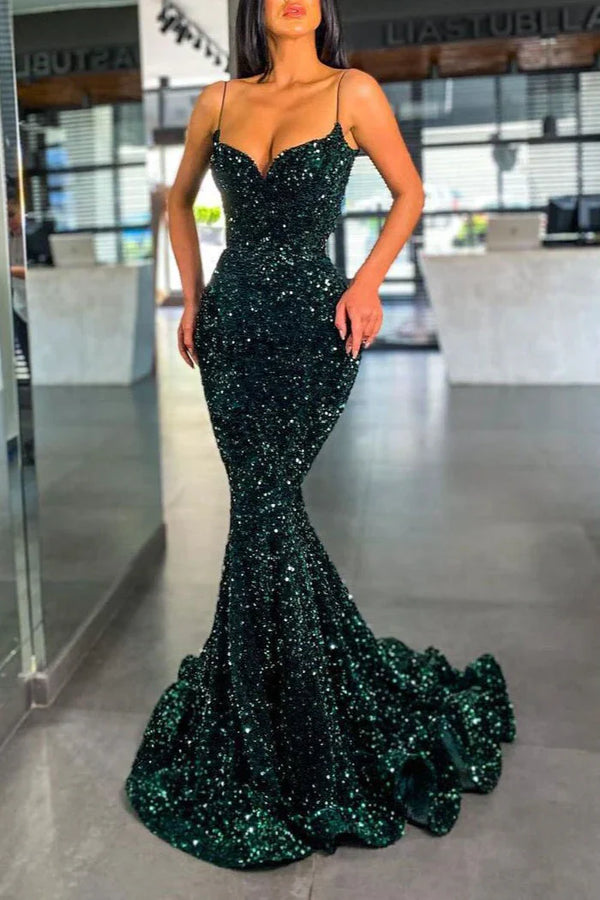 Chic Spaghetti Straps Green Sequins Prom Dress Mermaid Long Party Gowns Sparkly Evening Dress