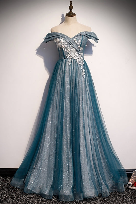 Off the Shoulder Blue Long Party Dress
