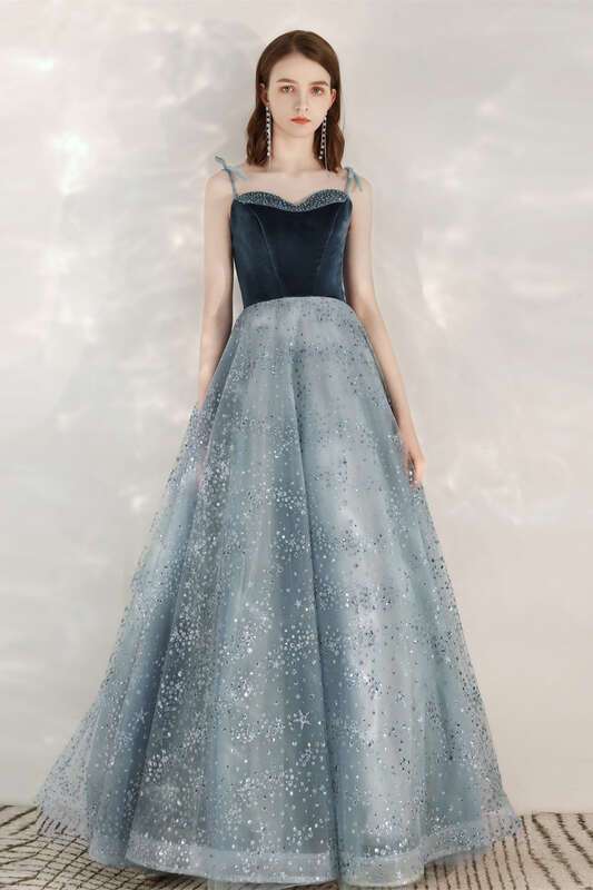 Sparkle A-line Blue Long Formal Dress with Velvet Bodice