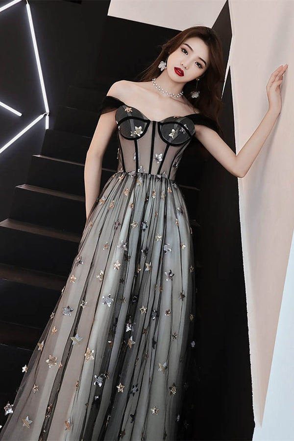 Off the Shoulder Black Long Party Dress with Stars