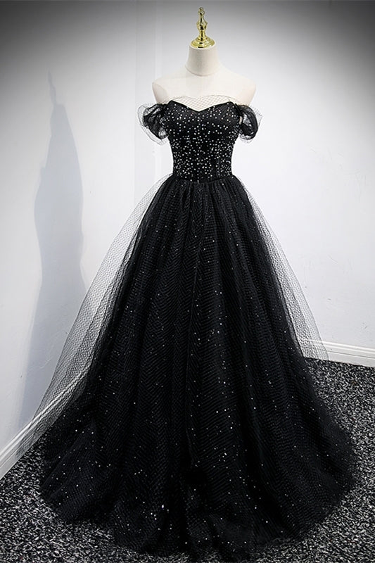 Black Off the Shoulder Tulle Formal Gown