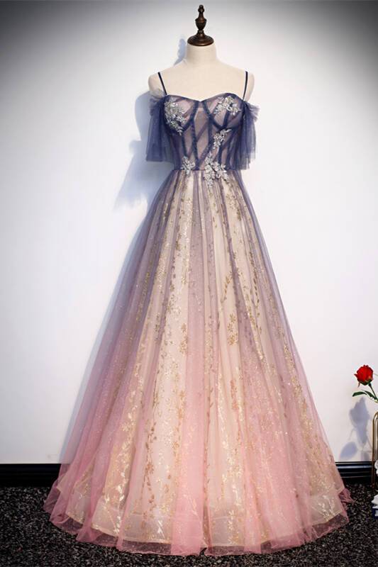 Straps Pink and Navy Blue Ombre Long Party Dress