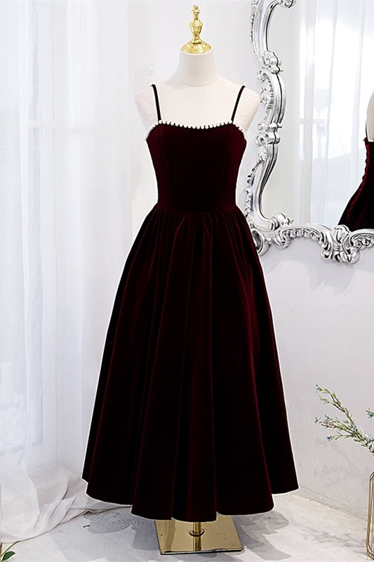 Burgundy Velvet A-line Midi Dress with Spaghetti Straps