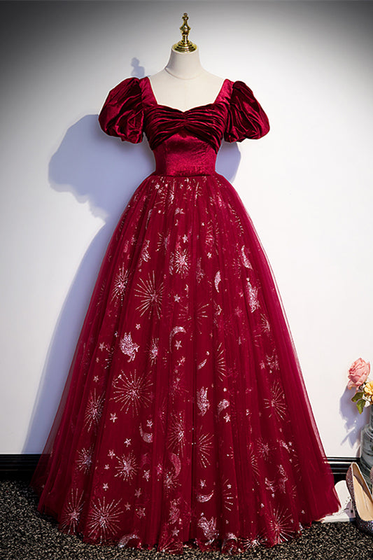 Wine Red Velvet and Tulle Short Sleeves Princess Dress