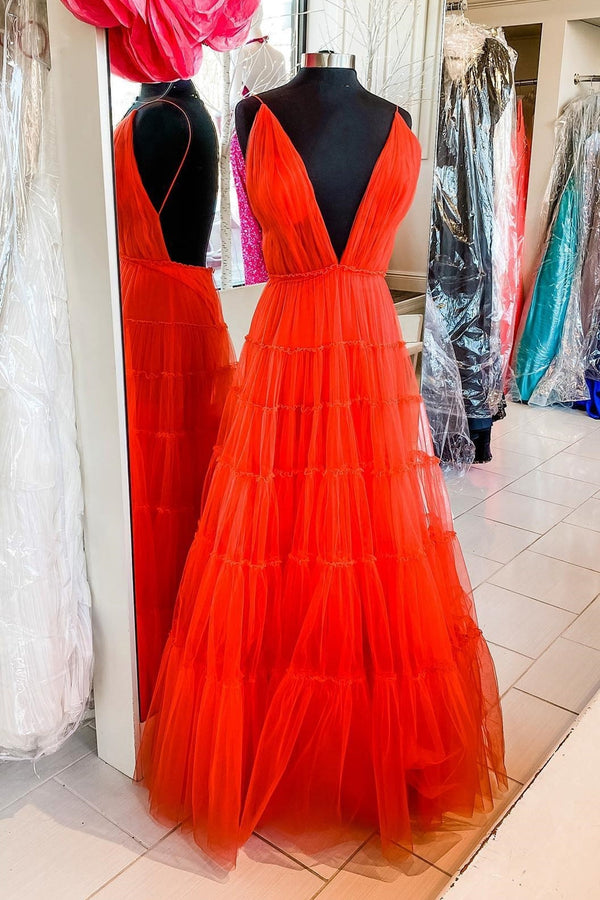 Red A-line Plunge Long Formal Dress with Open Back