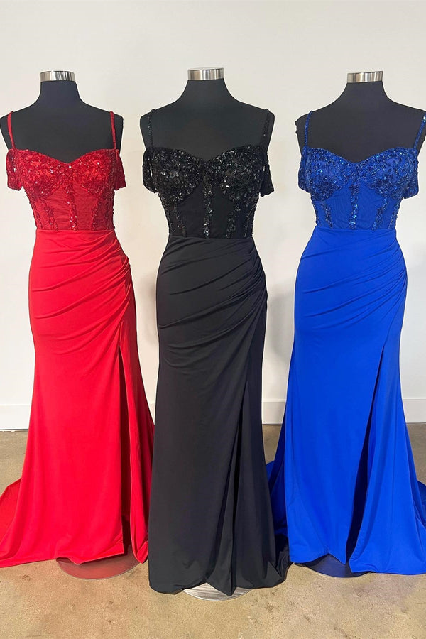 Straps Beaded Mermaid Long Formal Dress with Slit