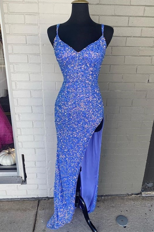 Blue Sequin Straps Mermaid Long Party Dress with Slit