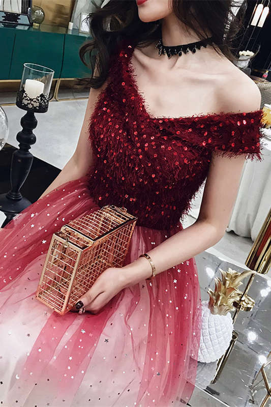 Sparkle Off the Shoulder Wine Red Long Party Dress