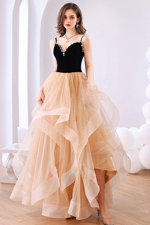 Black Velvet and Champagne Tiered Ruffles Long Formal Dress