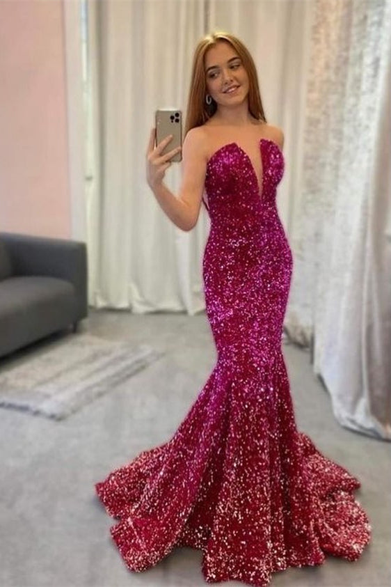 Sequin Strapless Mermaid Long Prom Dress