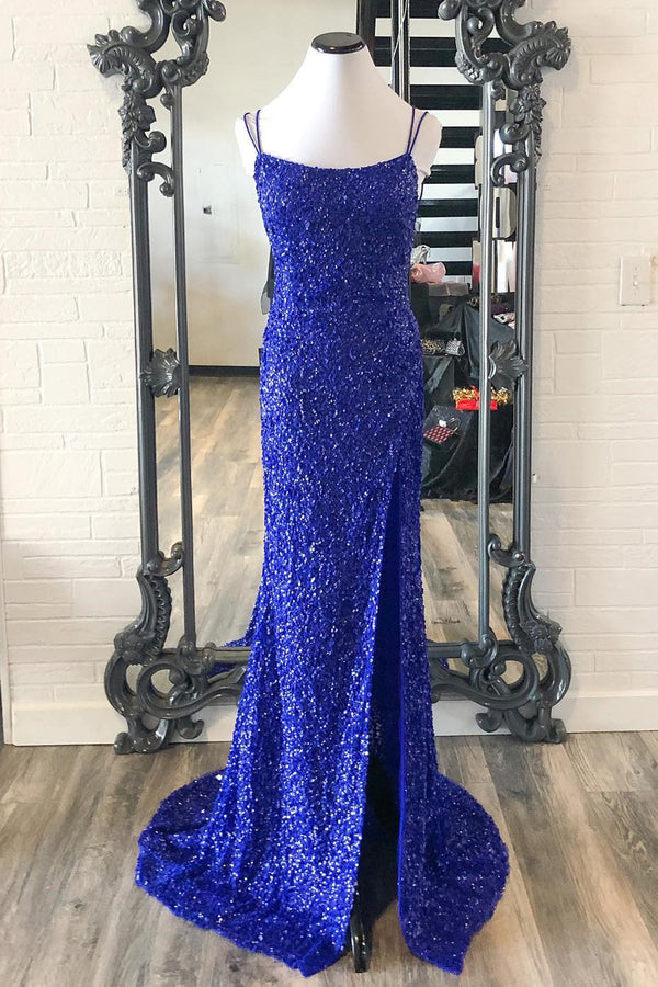 Blue Sequin Mermaid Long Formal Dress with Straps