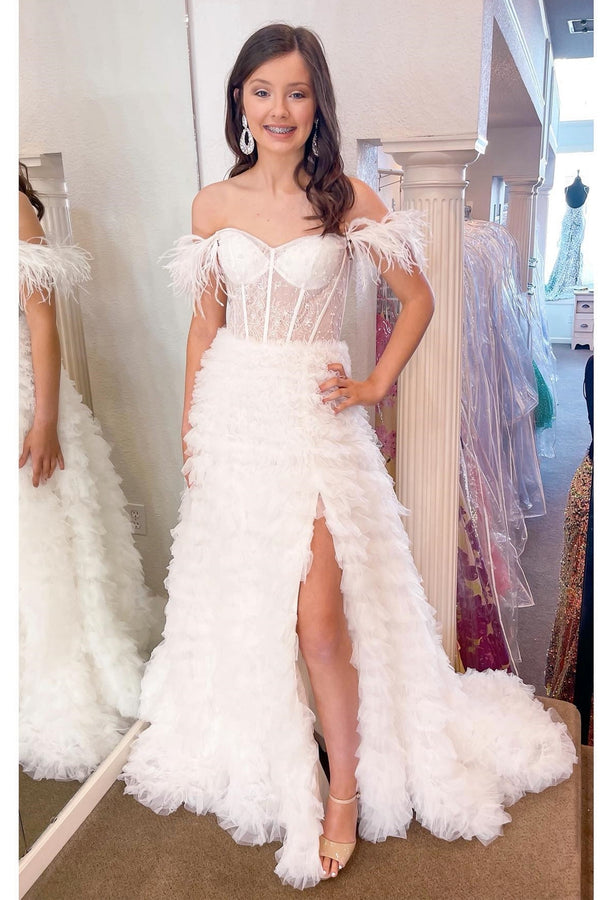 Off the Shoulder White Tiered Layers Long Formal Dress with Slit
