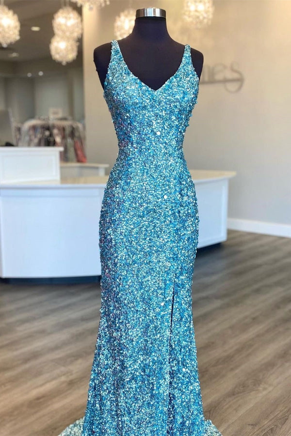 Light Blue Sequin Mermaid Long Prom Dress with Slit