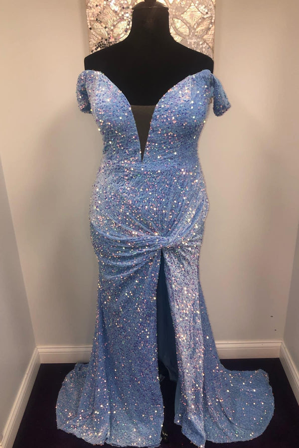 Blue Sequin Off the Shoulder Twist Slit Mermaid Long Formal Dress