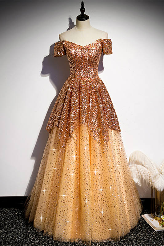 Off the Shoulder Gold Long Prom Dress