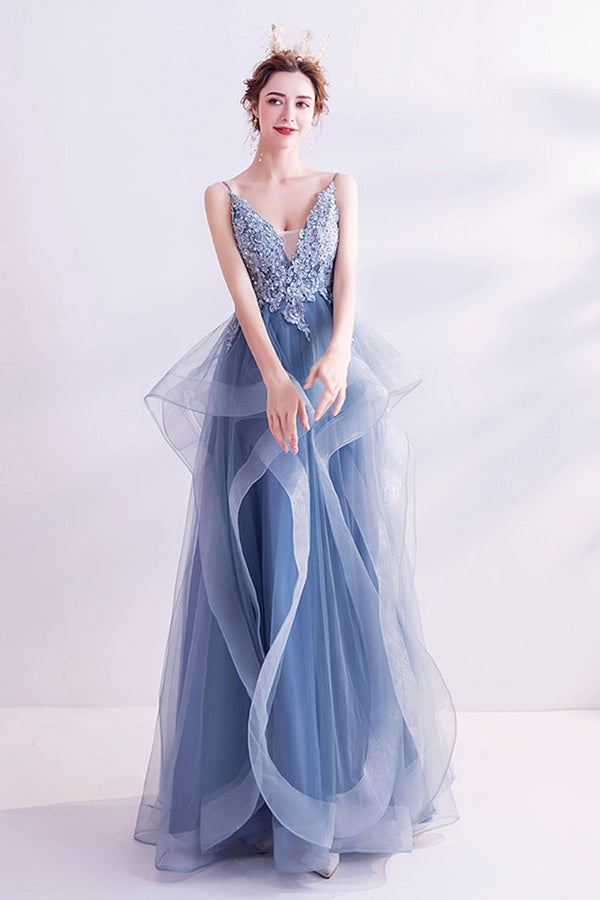 Blue A-line Layered Long Formal Dress