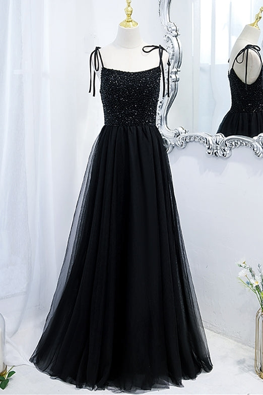 Black A-line Beaded Tulle Long Formal Dress