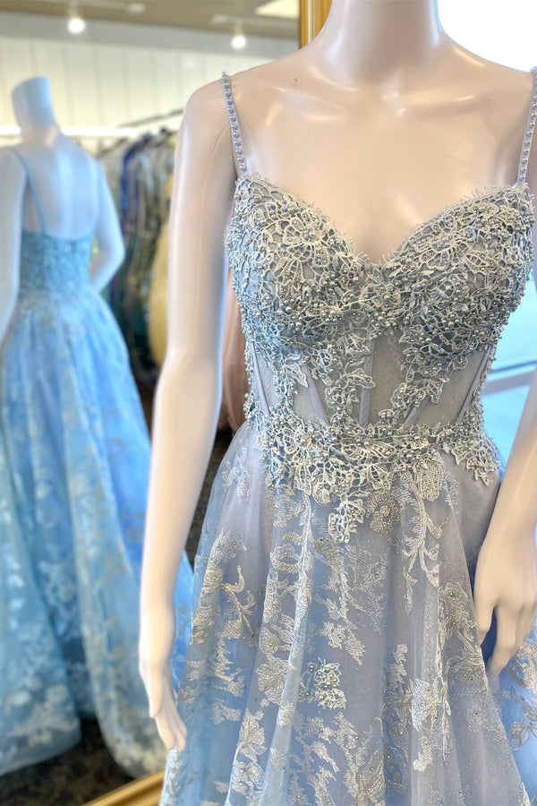 Light Blue Appliques A-line Long Formal Dress