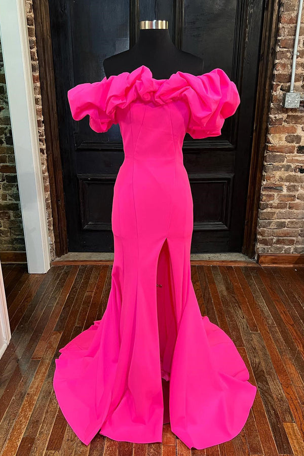 Hot Pink Off the Shoulder Mermaid Long Formal Dress with Slit
