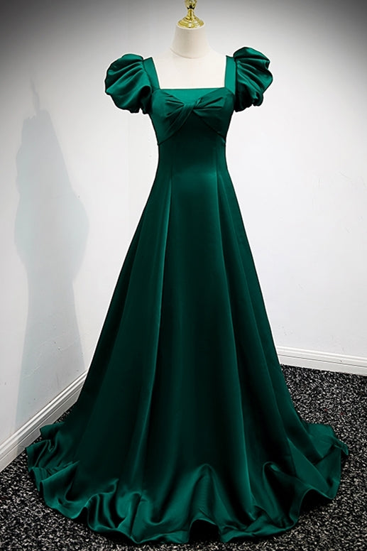 Green A-line Long Formal Dress with Puffy Sleeves