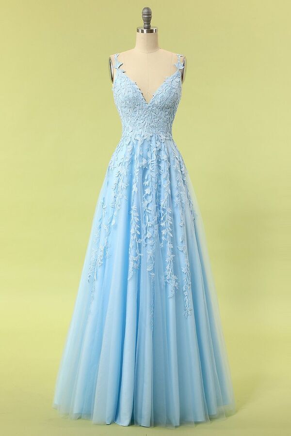 A-line Blue Lace Appliques Long Prom Dress